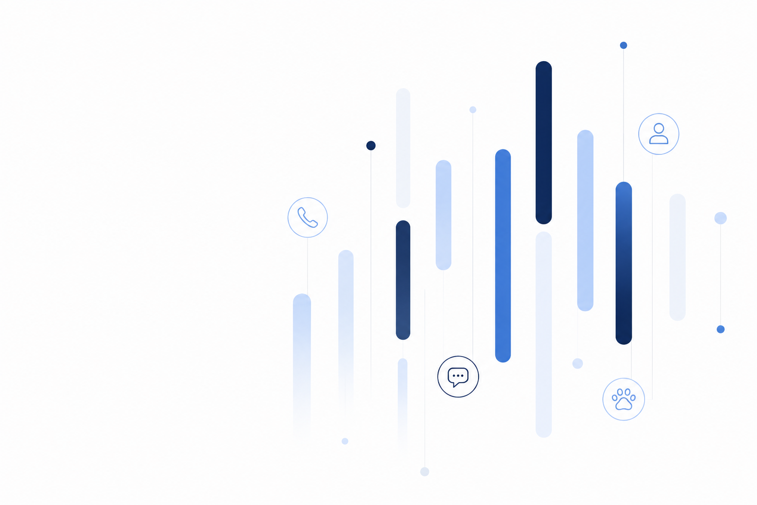 Abstract digital graphic with vertical bars in shades of blue and icons of phone, chat, person, and paw print.