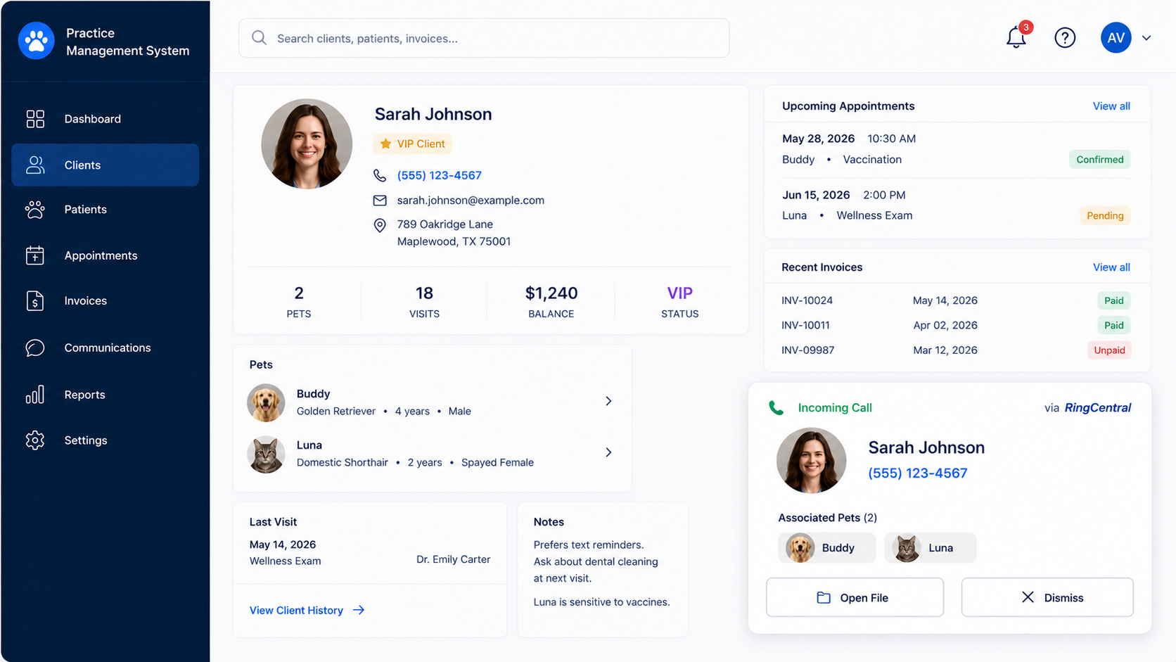 Screenshot of a veterinary practice management system dashboard showing client profile for Sarah Johnson, including personal details, pet information, upcoming appointments, invoices, and a phone call interface.