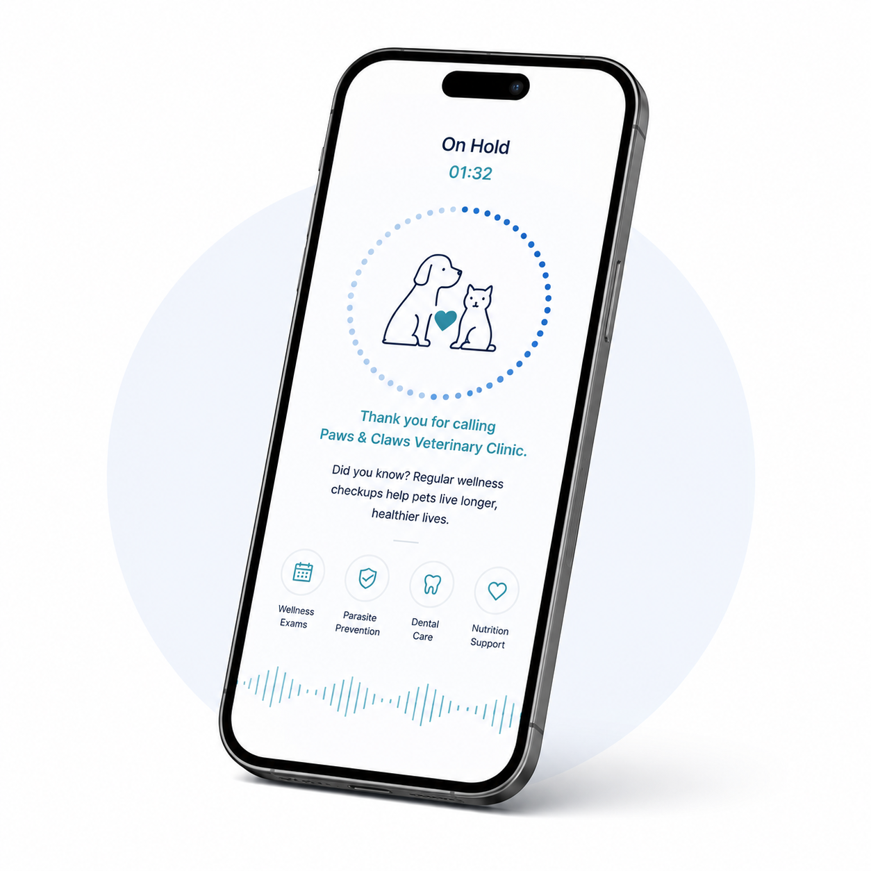 Smartphone screen showing a veterinary clinic app with a dog and cat illustration, wellness check icons, and the message about benefits of pet wellness checkups.