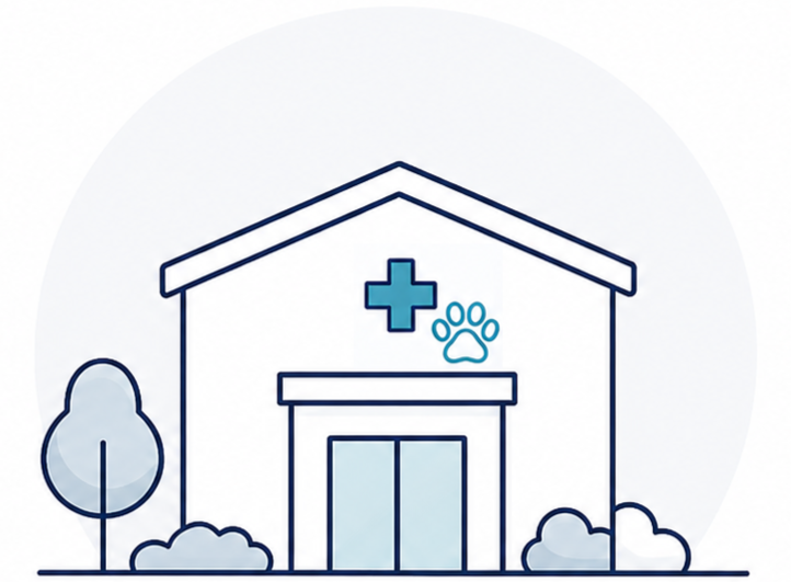 Illustration of a veterinary clinic with a cross symbol, a paw print, trees, and bushes in front.