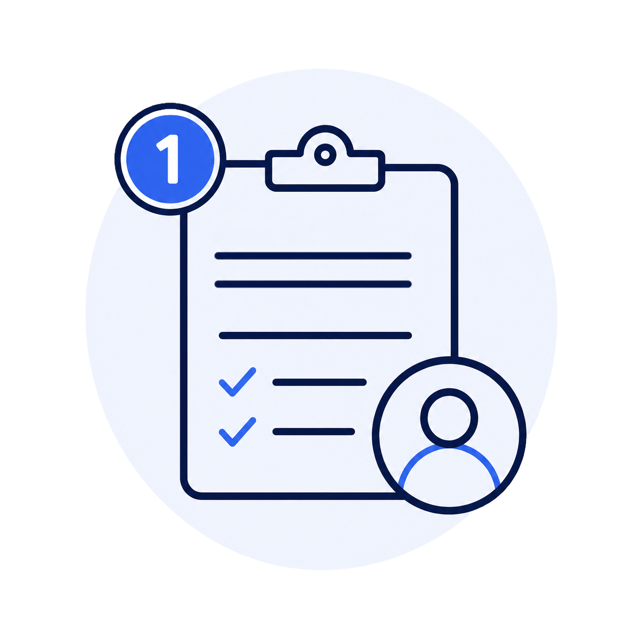 Illustration of a clip board with a checklist and a user icon, connected by lines, with a numbered circle labeled 1.