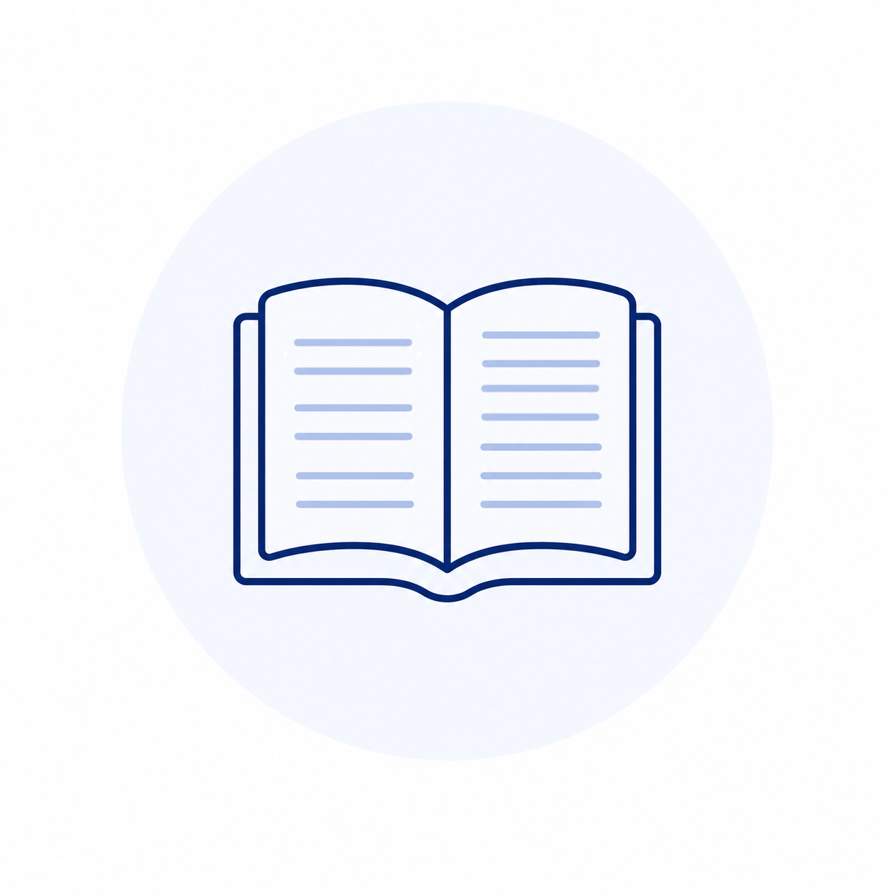 Outline of an open book with lines representing text on pages, set against a light circular background.
