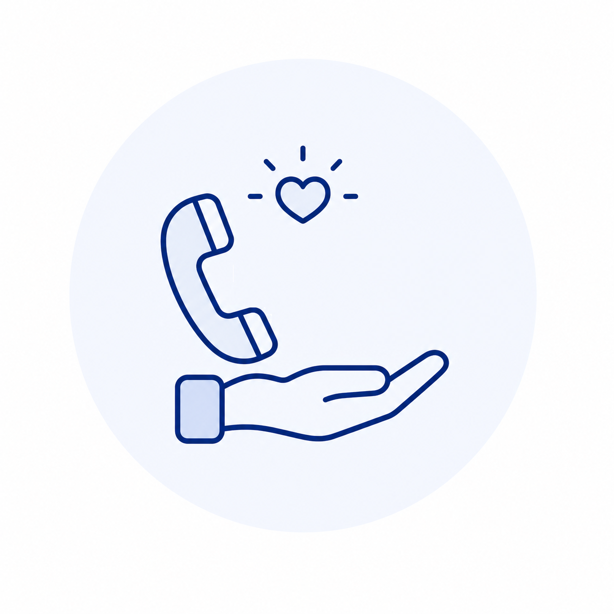 Line drawing of a hand holding a phone receiver with a heart above it.