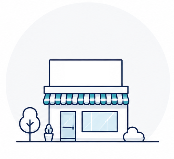 Line drawing of a small storefront with a striped awning, a door, a large window, a potted plant, a tree, and a bush, on a light background.