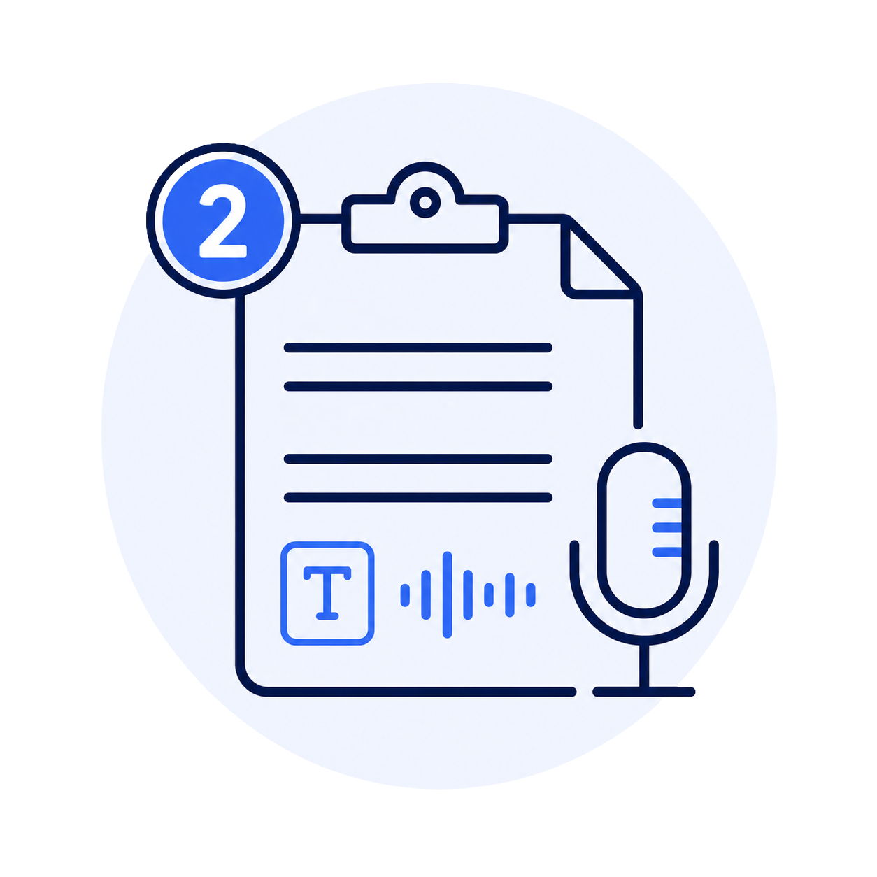 Outline of a report document with a clipboard icon at the top, a microphone on the right, a text box with a 'T' at the bottom left, and a small blue circle with the number 2 in the top left corner.