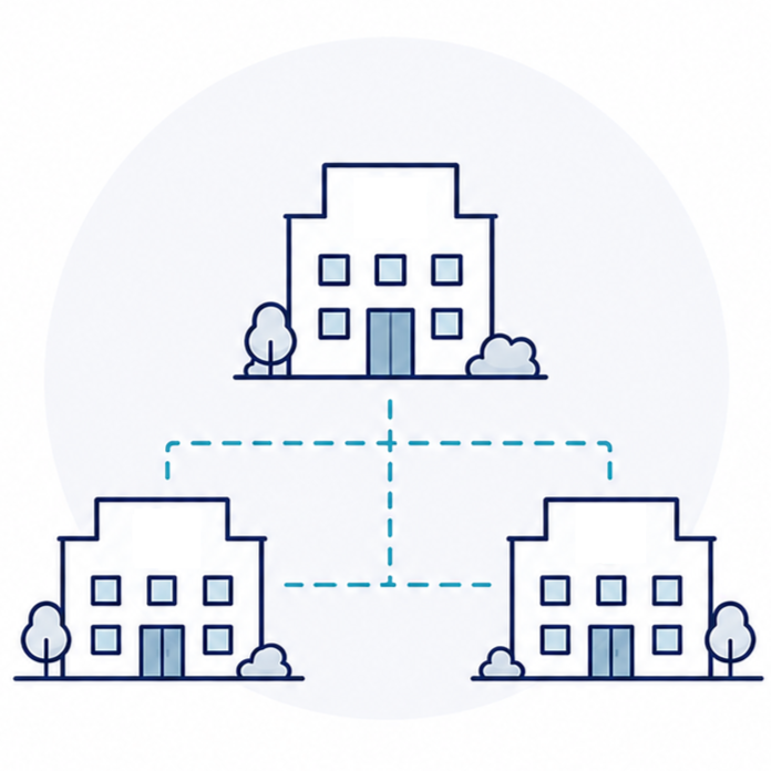 Three connected schools, with dashed lines indicating a network or relationship.