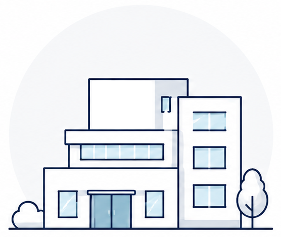 Line drawing of a modern multi-story building with a flat roof, large windows, and a door, accompanied by a tree and a bush.