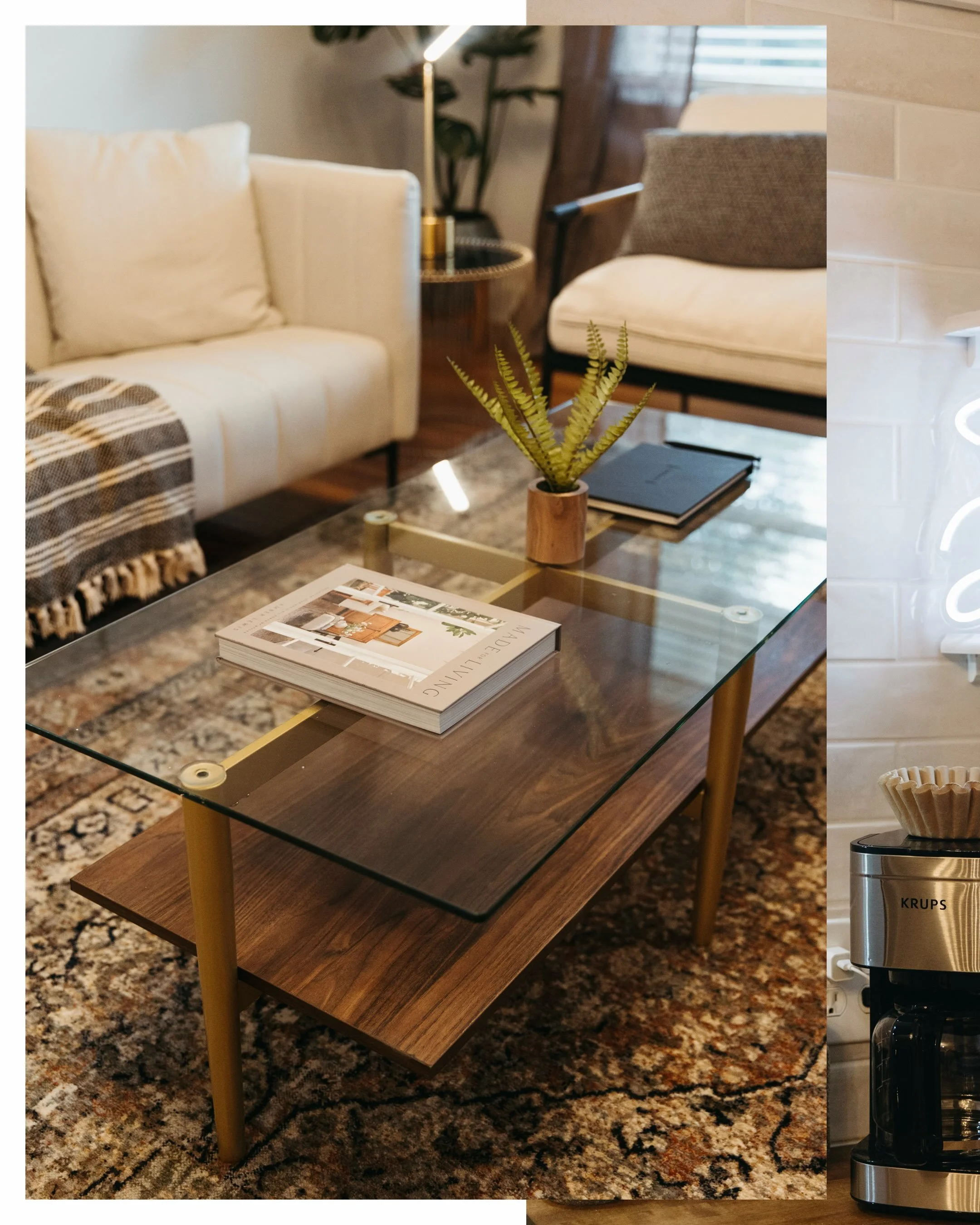 Some houses you rent. This one you kind of move into for the weekend.

The Berry is a 1960s brick ranch in Lexington that we brought all the way forward. Sage board-and-batten walls, marble tile, a white brick fireplace, butcher block and brass in th