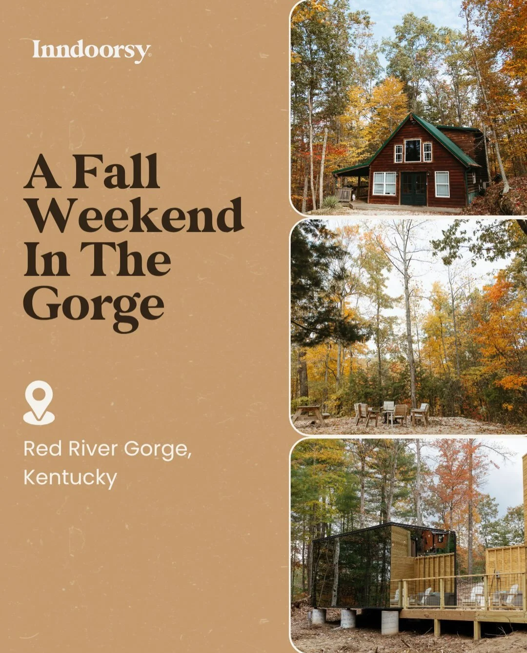 Your fall weekend, planned. 🍂

Friday: leave straight from work, drive through Nada Tunnel, and end up in the hot tub.
Saturday: coffee outside, Chimney Top Rock before the crowds, Natural Bridge in the afternoon, then a movie night in.
Sunday: slee