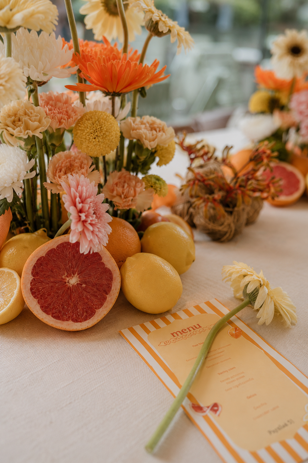 A colorful table centerpiece featuring a bouquet of yellow, pink, and white flowers, surrounded by sliced and whole citrus fruits including grapefruit, lemons, and oranges, with a striped menu card and a fallen flower on a beige tablecloth.