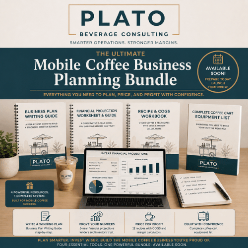 Plato Beverage Consulting Mobile Coffee Business Planning Bundle display with books, a laptop showing financial projections, a coffee cup, and a pen. Text highlights planning resources for coffee carts and mobile coffee businesses.