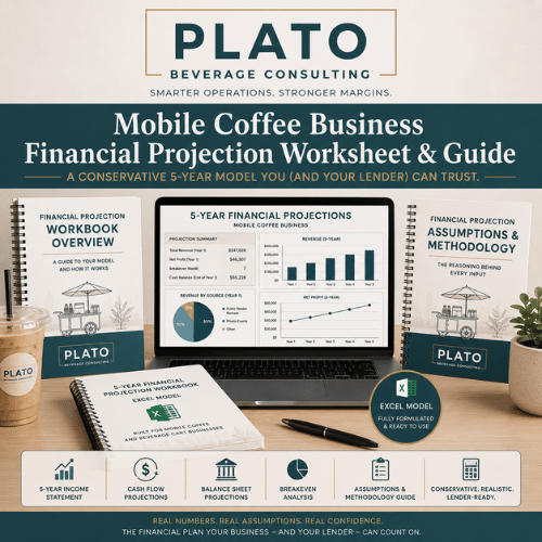 Mobile coffee business financial projection worksheet and guide, 5-year financial projections on a laptop screen, large printed guides, coffee cup, black pen, small notebook, and potted plant on a desk.