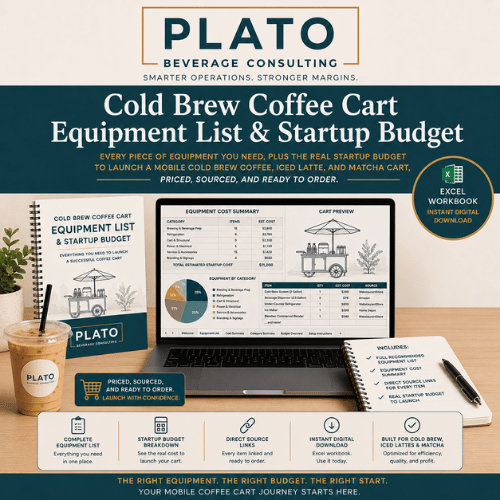 Book titled 'Cold Brew Coffee Cart Equipment List & Startup Budget' with a laptop displaying a table of equipment costs, a notepad, and a cold brew iced coffee on a desk.