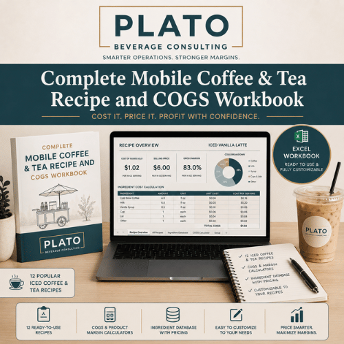 Promotional display for PLATO Beverage Consulting featuring a mobile coffee and tea recipe workbook, an Excel workbook on a laptop for coffee recipe calculations, a paper guide for iced coffee recipes, and a Starbucks iced coffee drink with a straw.