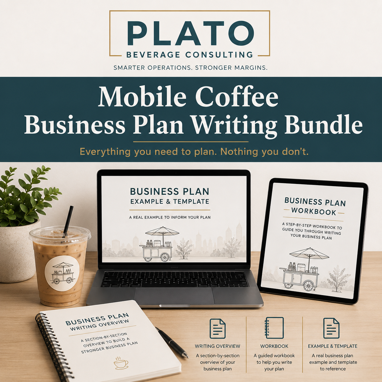 A promotional display for a mobile coffee business plan writing bundle by Plato Beverage Consulting. It includes an iced coffee with a branded sticker, a potted plant, and open notebooks and tablets showing business plan templates and workbooks on a wooden desk.