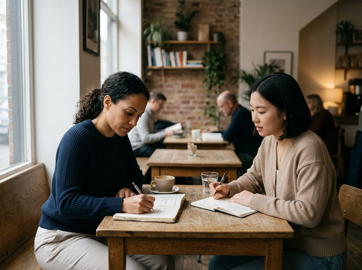 Two women sitting at a wooden table in a cozy cafe, writing in notebooks, with coffee and water on the table, other patrons and bookshelves in the background.