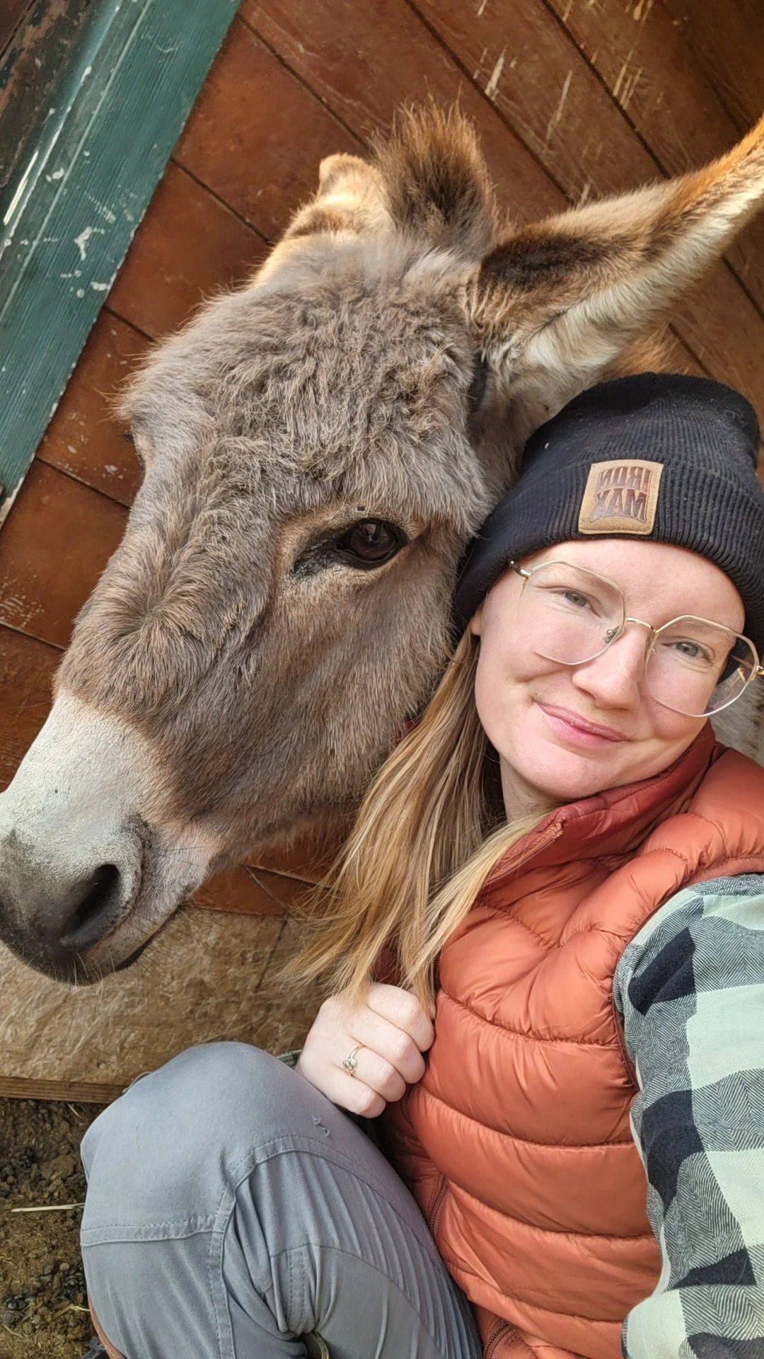A woman with long blonde hair, wearing glasses, an orange puffer vest, and a beanie, smiling while taking a selfie with a donkey.