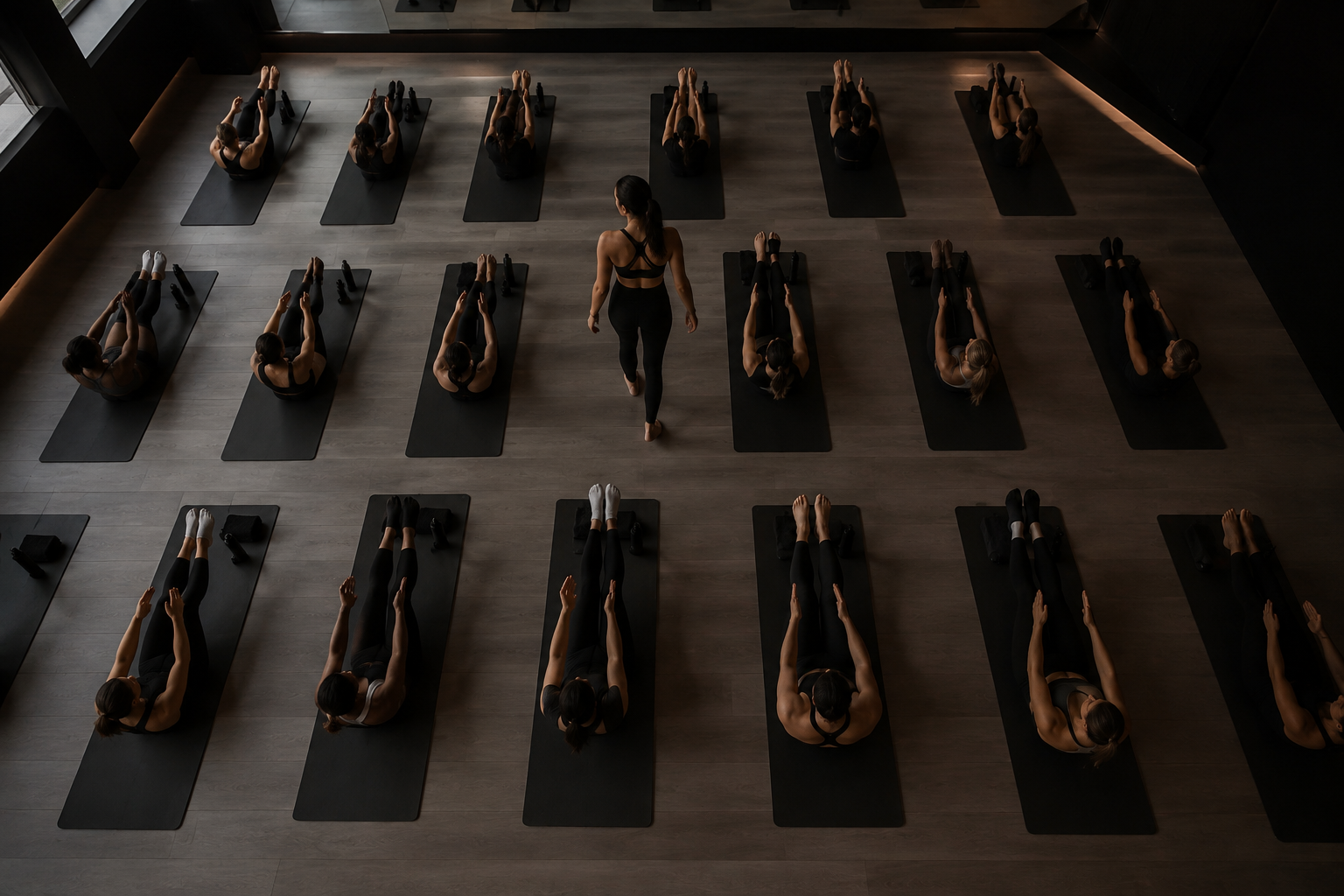 A group of women participating in a yoga class, lying on black mats with a female instructor walking among them in a dimly lit studio.