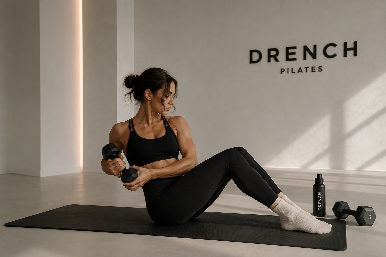 Woman in black workout clothes doing an exercise with a dumbbell on a yoga mat in a gym. There are additional dumbbells and a water bottle nearby, with the gym sign 'DRENCH PILATES' on the wall.