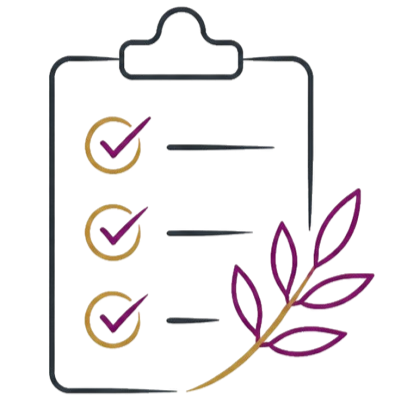 Illustration of a clipboard with three checklist items, each with a checkmark, and a colorful leafy branch on the bottom right.