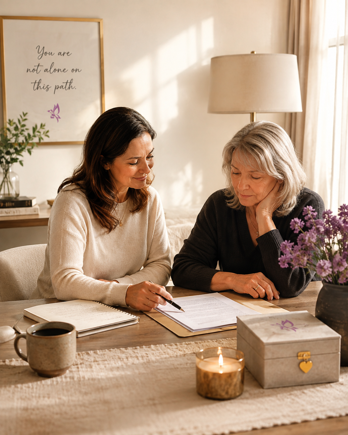 Two women sit at a table reviewing papers together, with a lit candle, a coffee mug, and a decorated box in front of them. The background features a framed quote and a lamp.