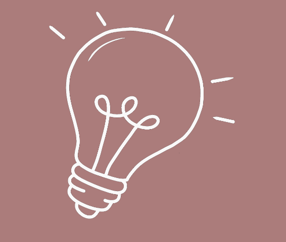 Simple line drawing of a glowing light bulb on a pink background.