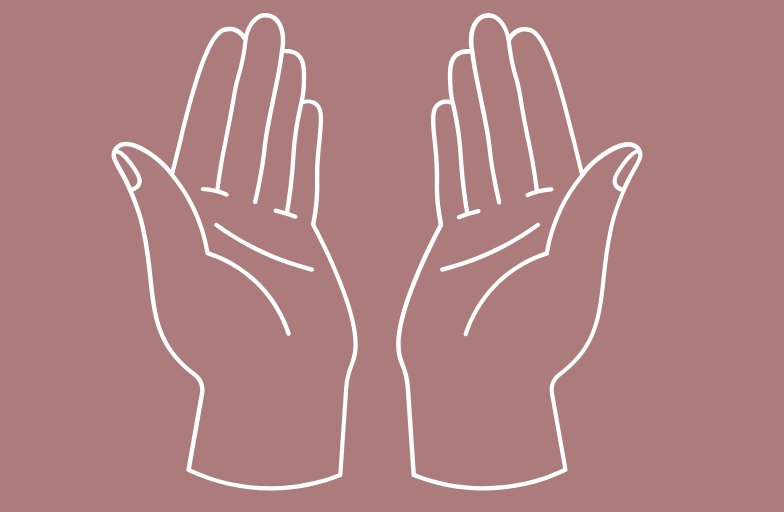 Line drawing of two hands raised with palms facing forward against a muted mauve background.