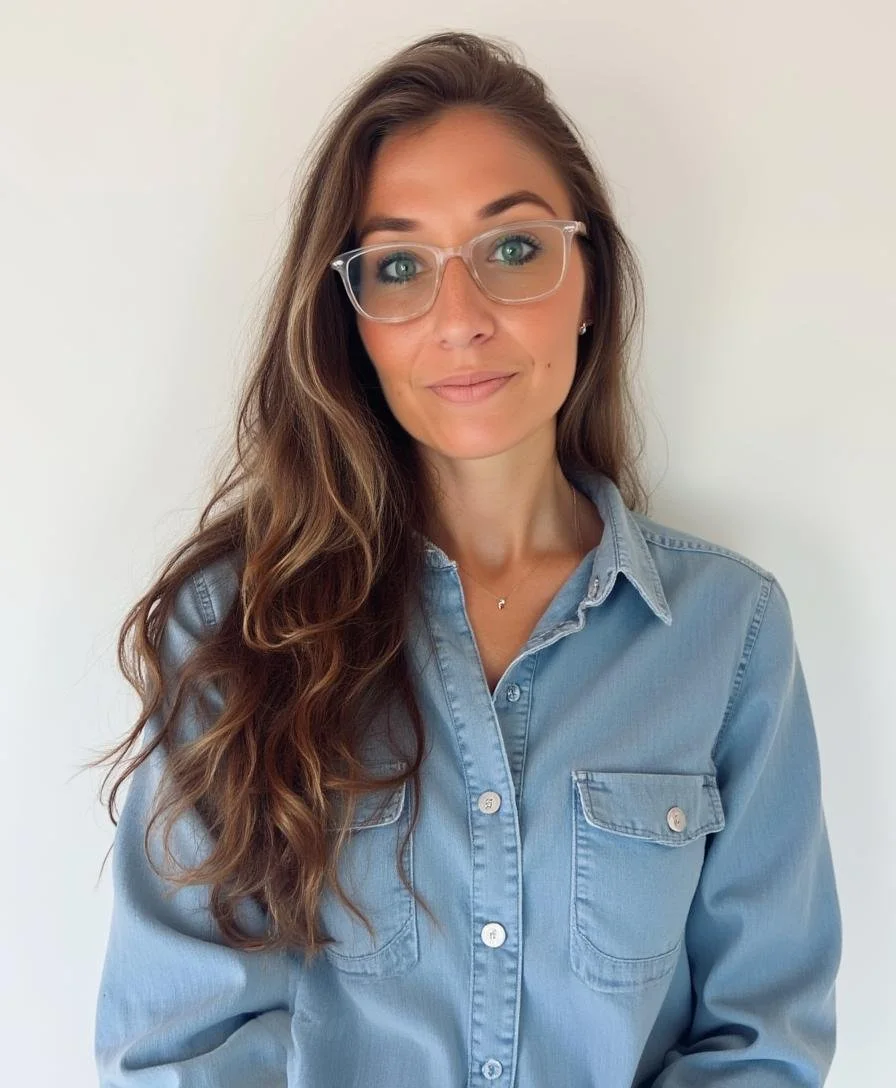 A woman with long wavy brown hair, wearing glasses and a denim button-up shirt, standing against a plain white background.