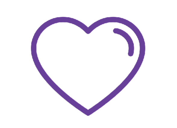 A purple outlined heart with a shiny reflection on the top right side, centered on a black background.