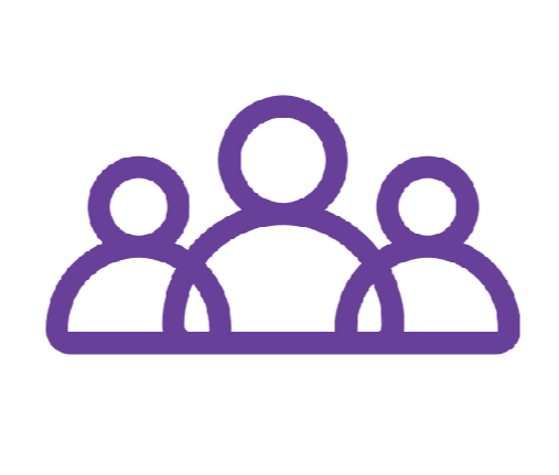 Icon of three purple silhouettes representing a group of people.