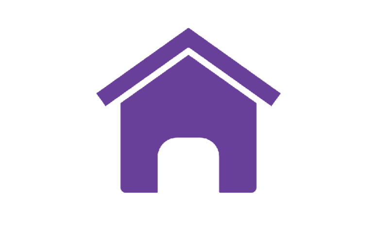 Purple house icon with a gabled roof and a central door.