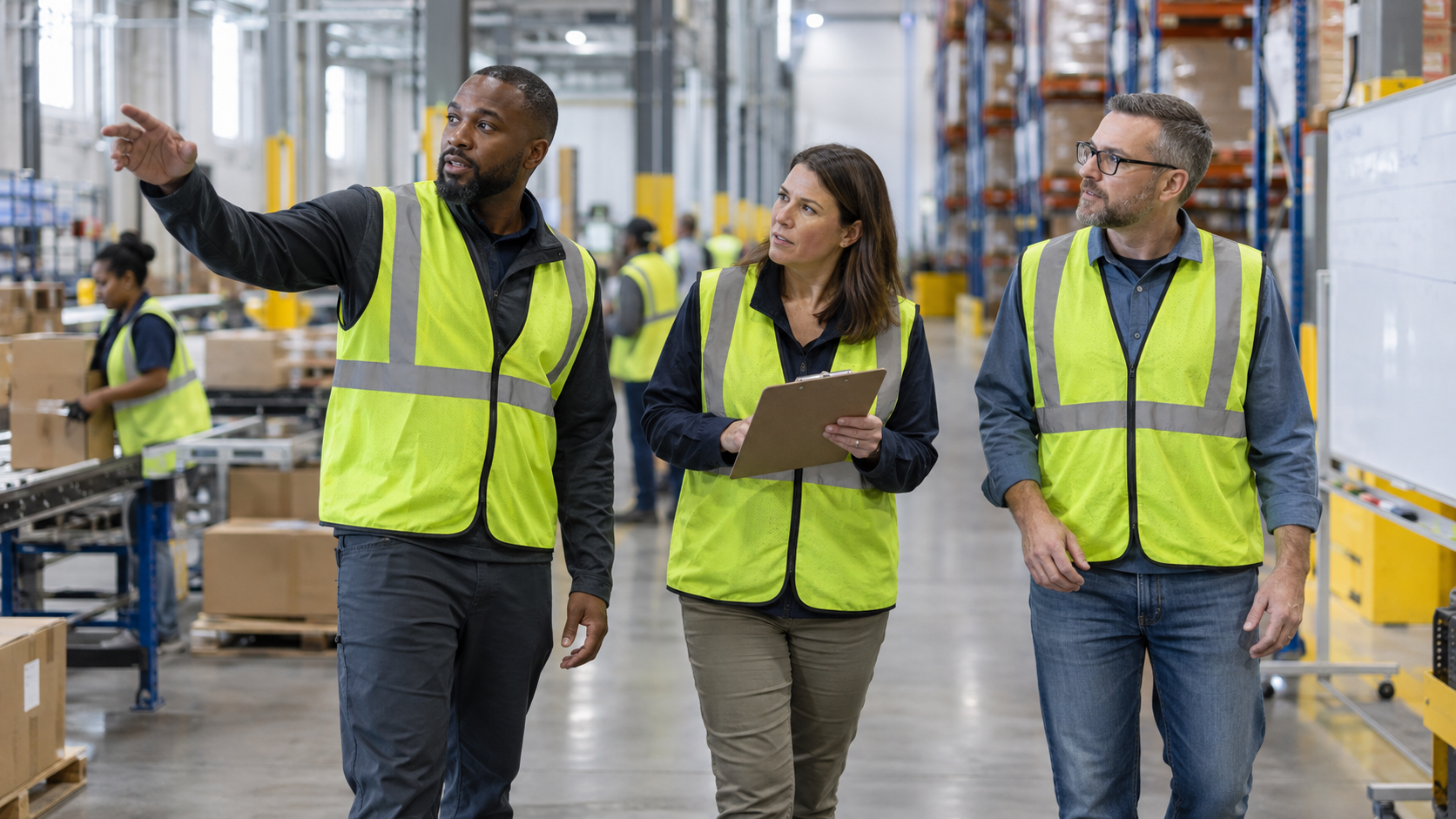 Warehouse leadership team reviewing operational readiness on the distribution center floor