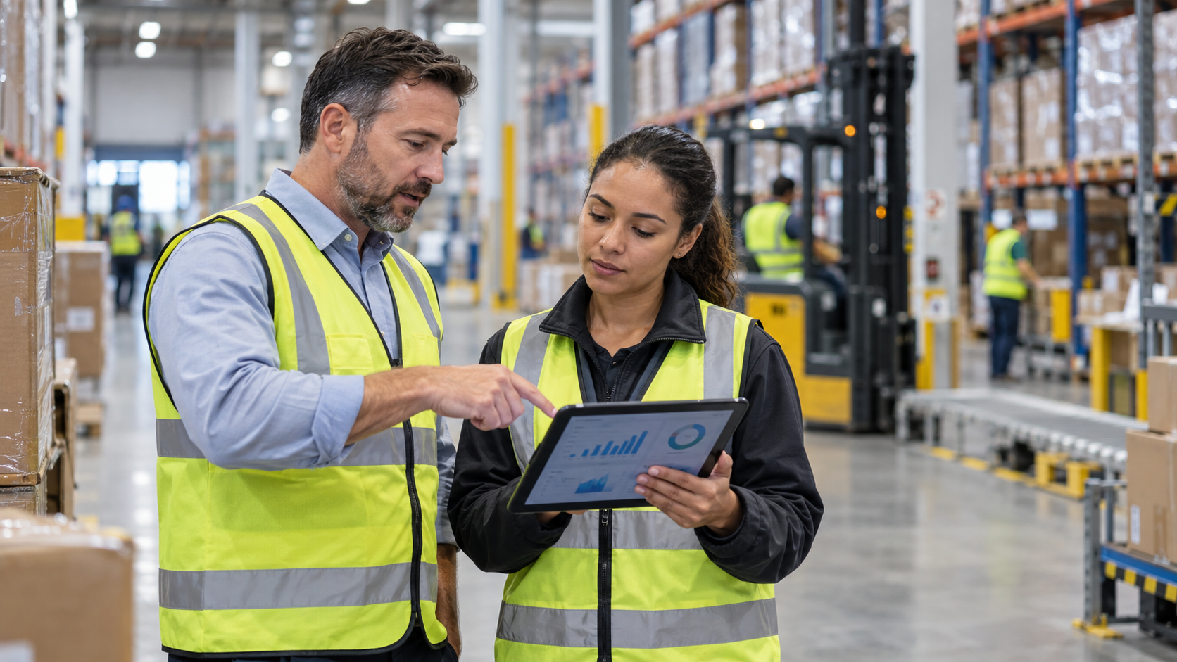 Warehouse manager and supervisor reviewing labor performance data on a tablet