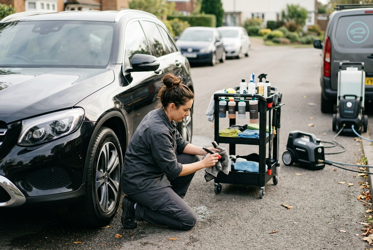 A woman kneeling on the street cleaning a black car with car cleaning supplies nearby.