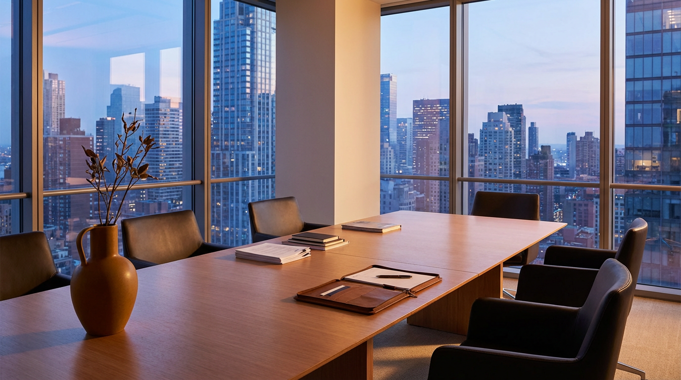 A conference room with a long wooden table, black chairs, and a large vase with branches, situated in front of floor-to-ceiling windows with a city skyline view at dusk.