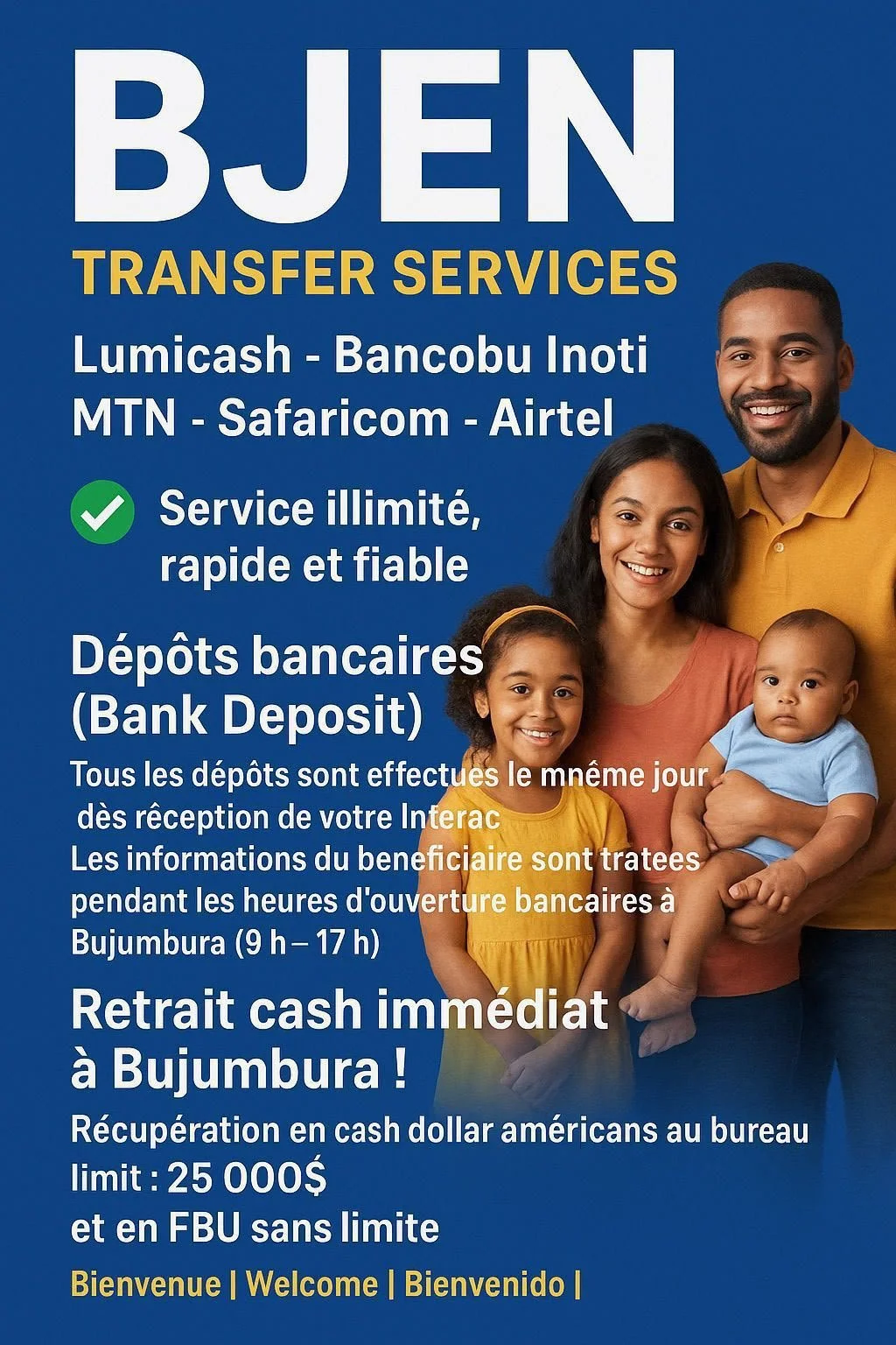 Advertisement for BJEN Transfer Services featuring a family of four, with text in French detailing banking and cash withdrawal services, including bank deposits and immediate cash withdrawal at Bujumbura.