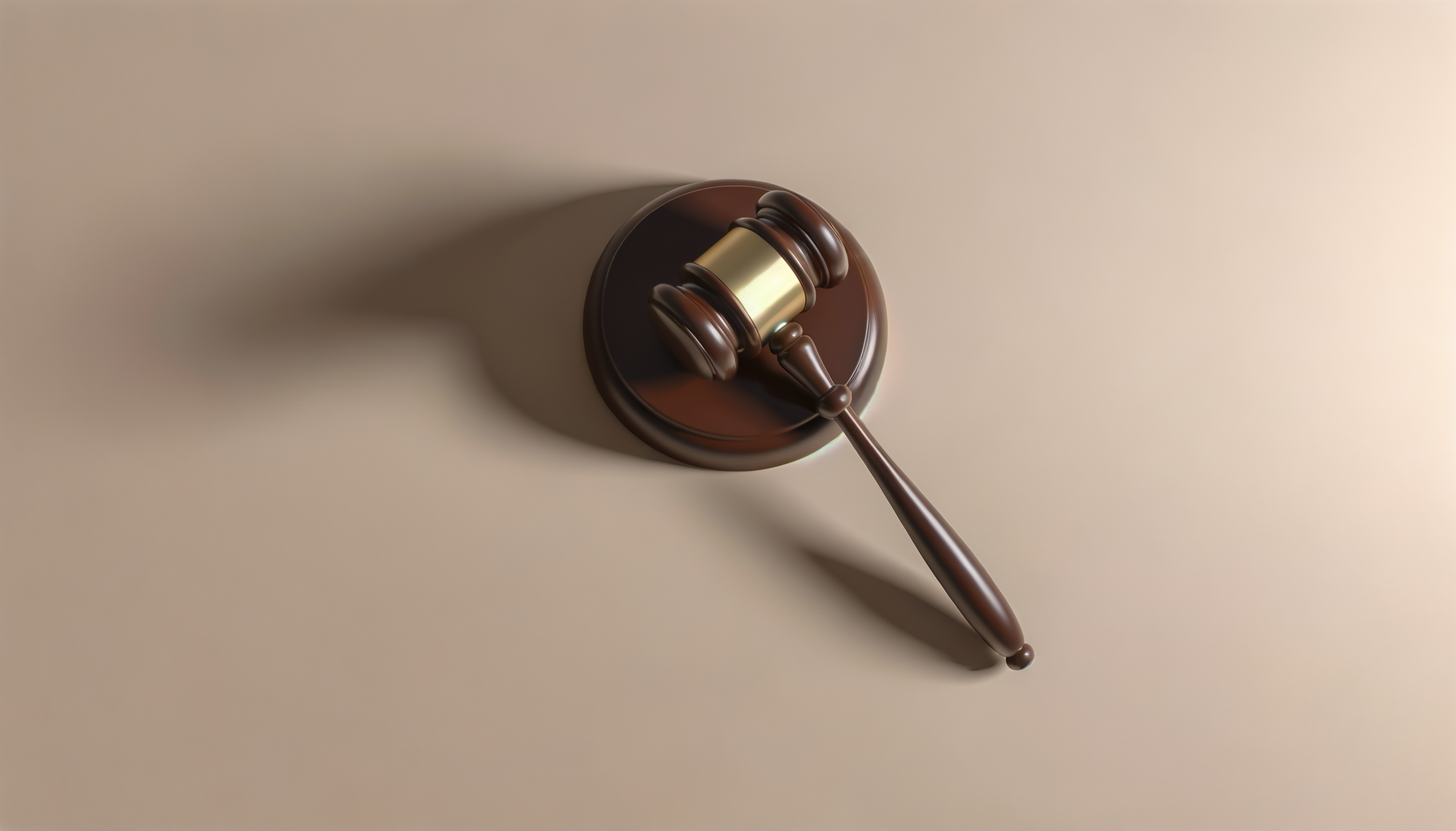 A wooden gavel resting on a sound block, casting a shadow on a beige background.