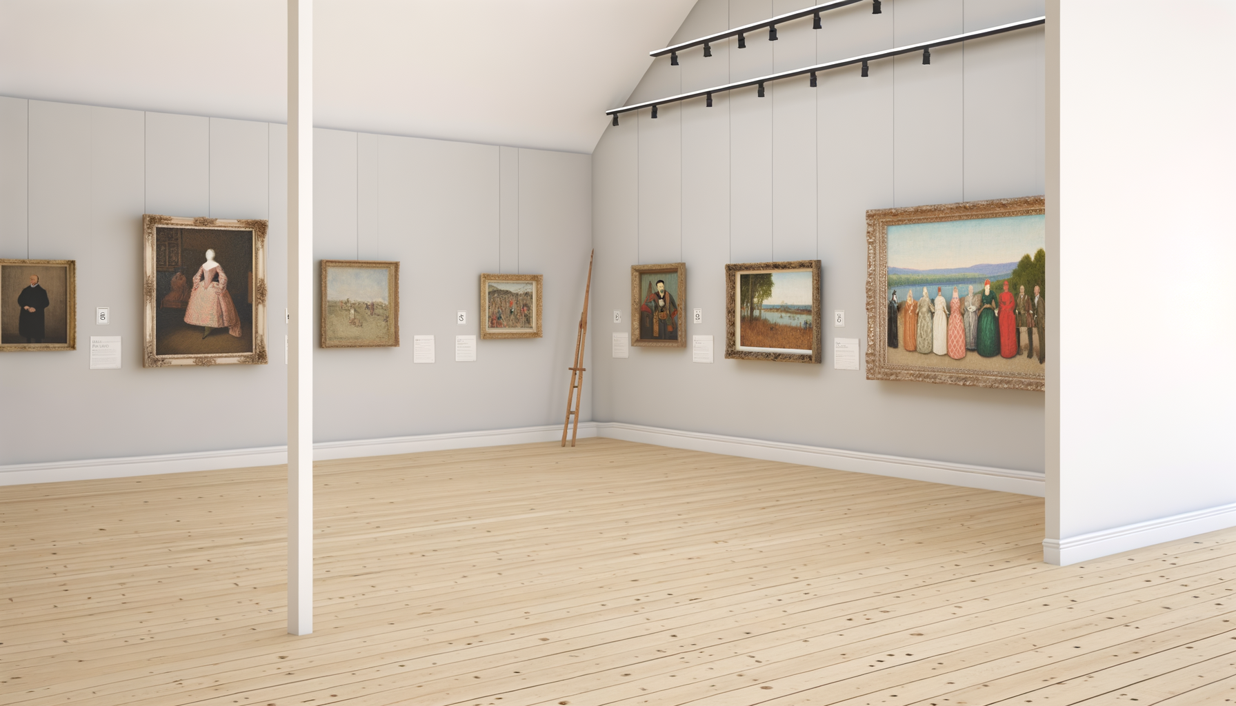 An art gallery with various paintings hanging on light gray walls, featuring landscapes, portraits, and group scenes. The gallery has light wooden floors and track lighting on the ceiling, with a wooden ladder leaning against the wall.