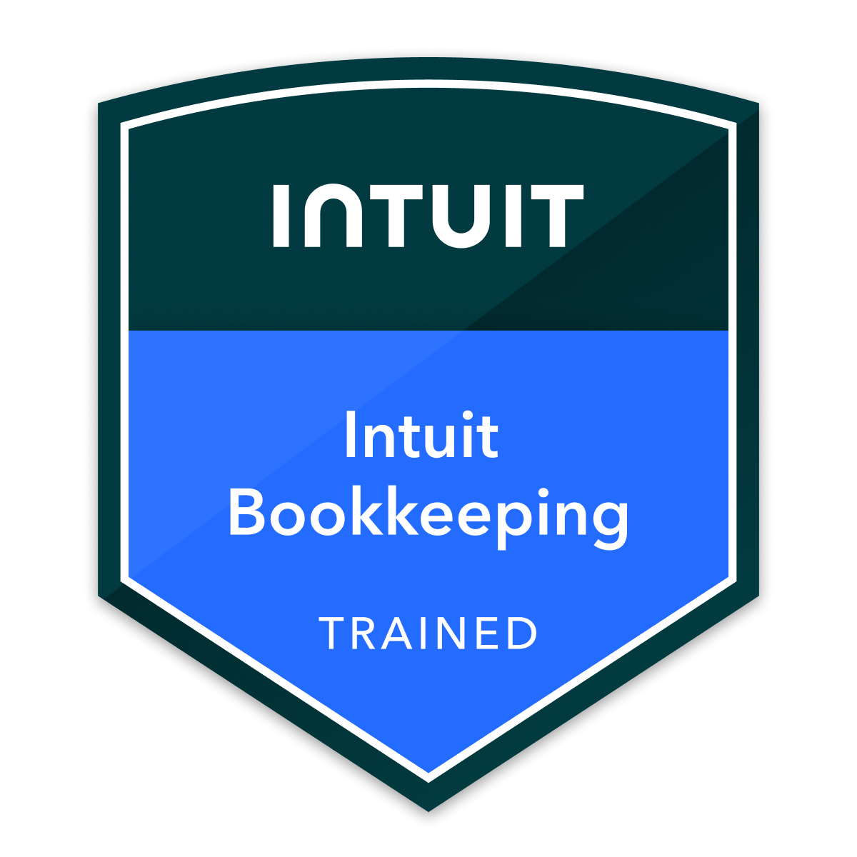 Badge with the words "Intuit Bookkeeping Trained" in blue and green sections.