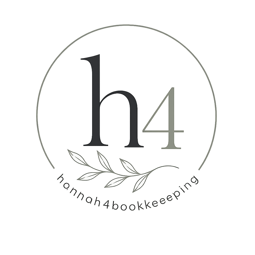 A logo with the text 'hannah4bookkeeping' at the bottom, featuring a large number 1 and 4 with a decorative leaf motif around the bottom.