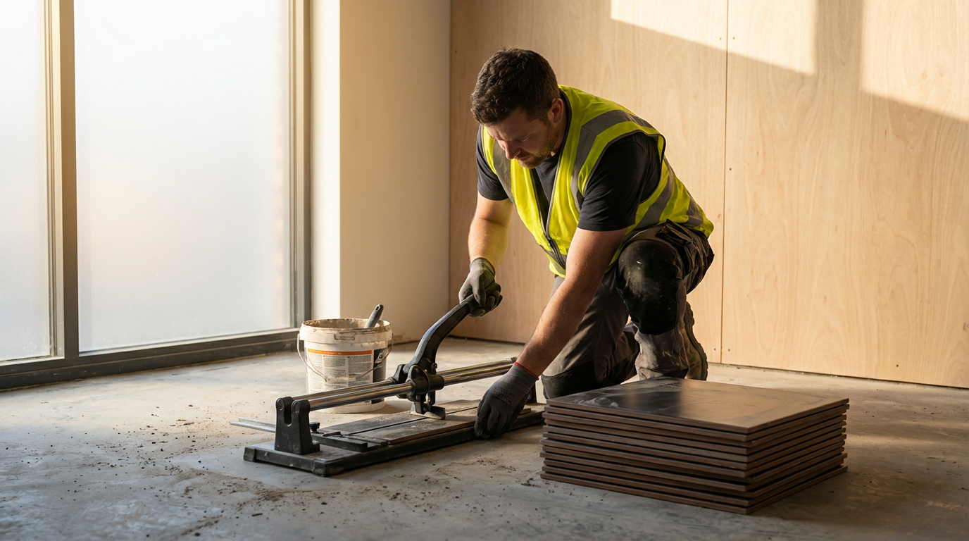 A man wearing a neon yellow safety vest kneels on the floor, cutting tile with a electric tile cutter during a renovation project in a well-lit room with wood panel walls.