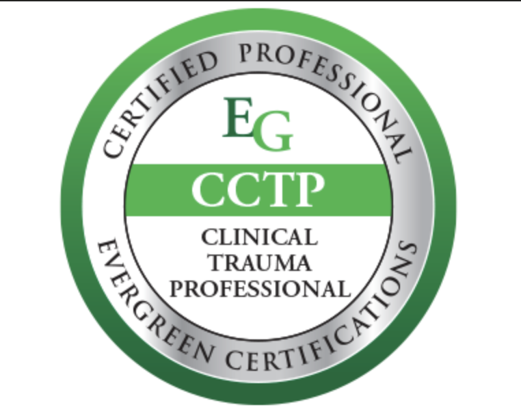 Circular badge with green border and inner black and gray border, reading "Certified Professional Evergreen Certifications" around the perimeter. Inside, it says "EG" and "CCTP" in green, and "Clinical Trauma Professional" in black.