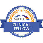 A badge with a blue ribbon that reads 'Clinical Fellow' and a laurel wreath around it, indicating a professional achievement.