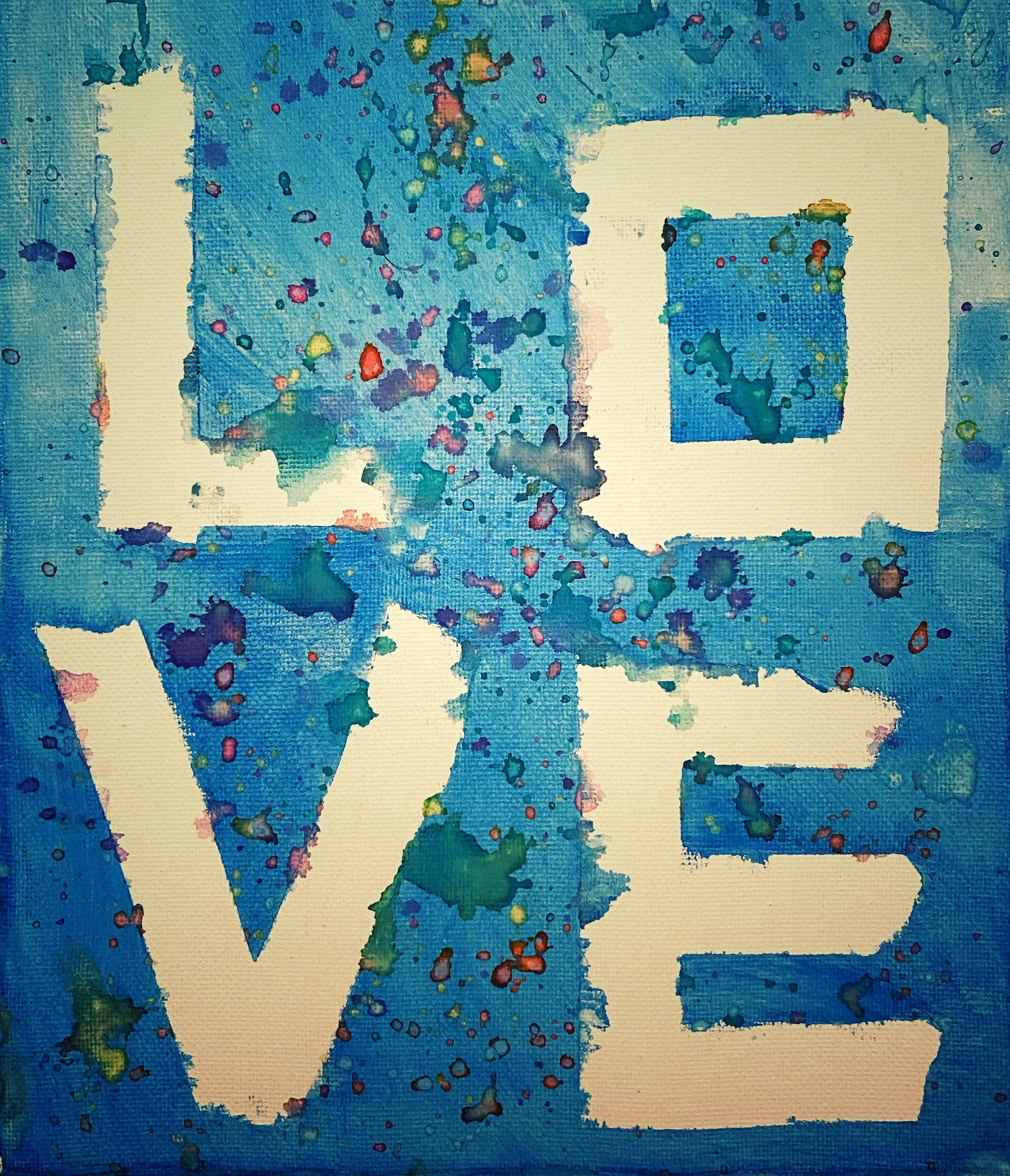 An abstract watercolor painting with a blue background and white shapes resembling the letters 'T' and 'H'. The painting has splashes of colorful paint, including red, yellow, green, and purple, scattered across the surface.