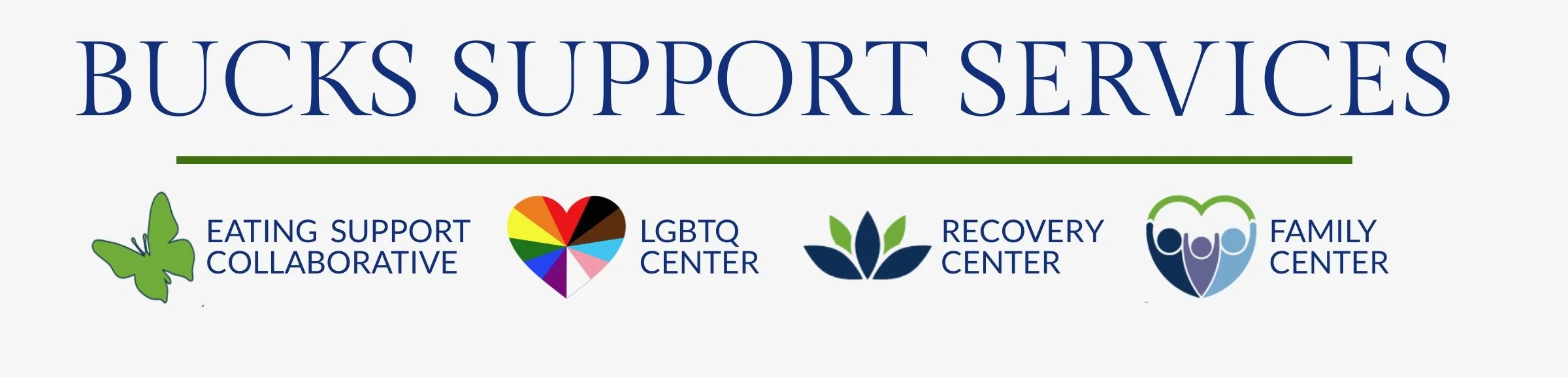 Graphical banner for Bucks Support Services with icons and text for Eating Support Collaborative, LGBTQ Center, Recovery Center, and Family Center.