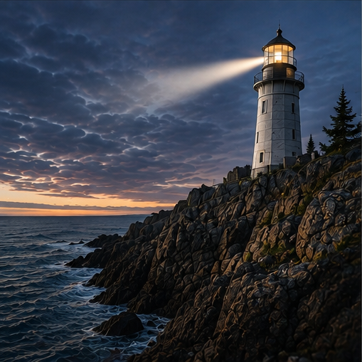 A lighthouse on a rocky coast at sunset with clouds in the sky and the ocean below.