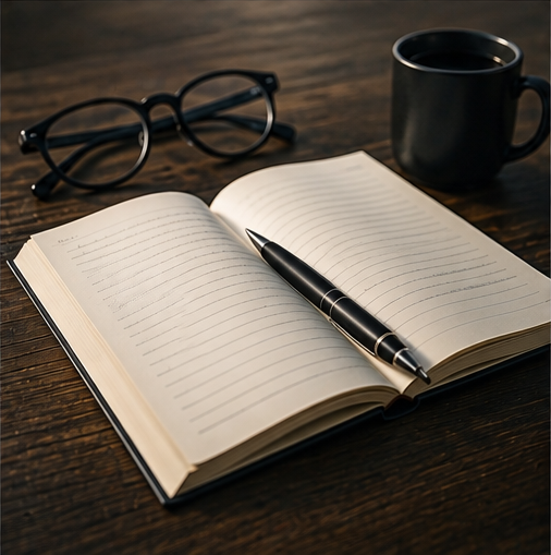 Open notebook with lined pages, black fountain pen resting on it, black eyeglasses, and a black coffee mug on a wooden table.