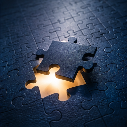 A close-up of a partially completed jigsaw puzzle with one piece missing, revealing the gap with light shining through.