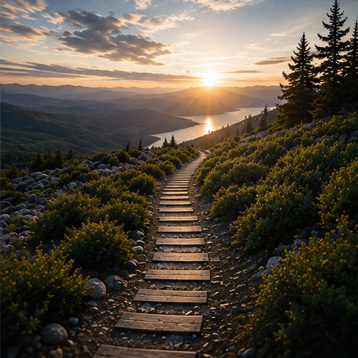 A scenic mountain trail with wooden steps leading towards a sunset over a lake and mountain range, surrounded by pine trees and lush greenery.