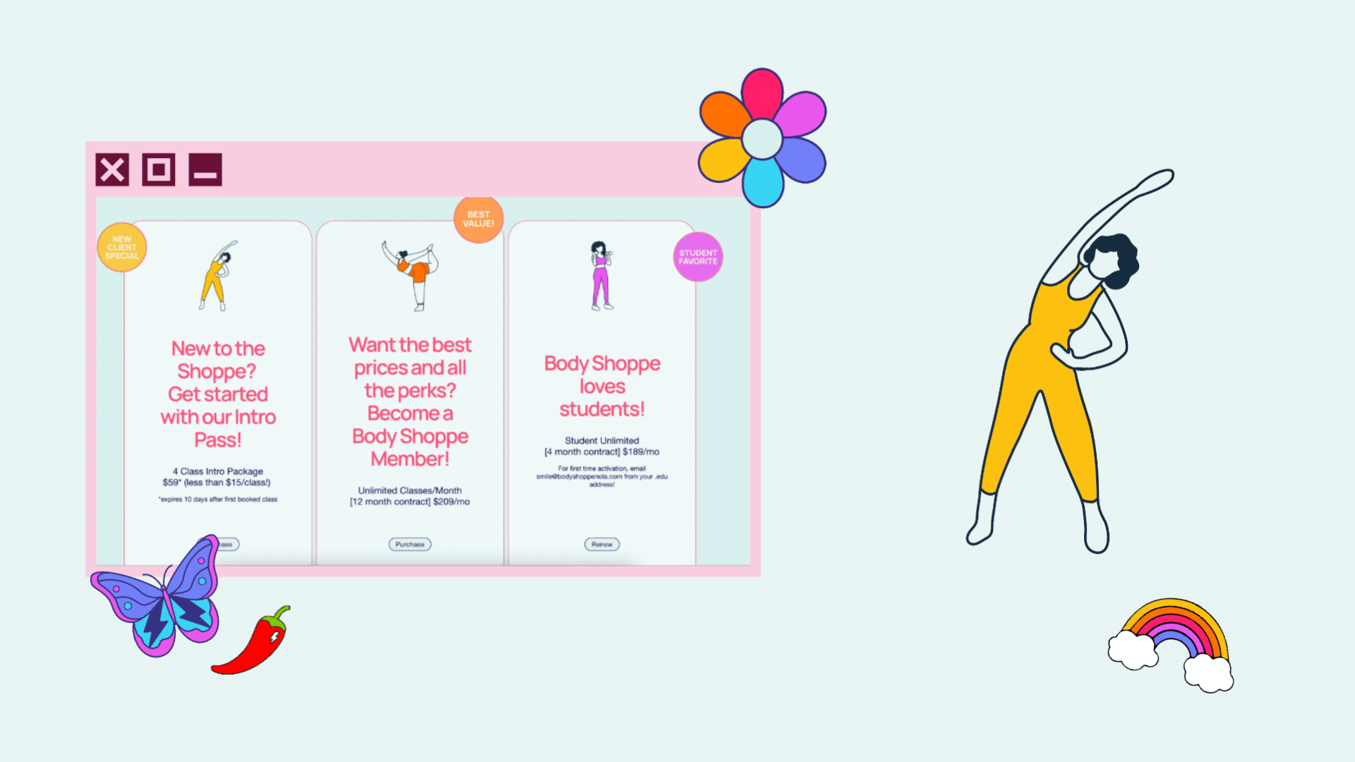An animated illustration of a pink-themed website with promotional content for a fitness studio, featuring whimsical elements like butterflies, a rainbow, a cloud, and a person stretching in yoga pose.